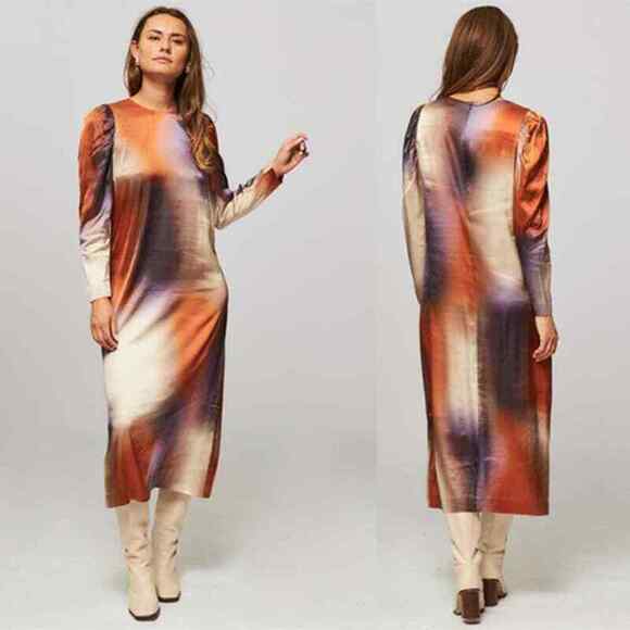 Munthe Akeville Viscose Pleated Shiny Sheath Midi Dress Orange Size 34/XS NWOT - Picture 1 of 10